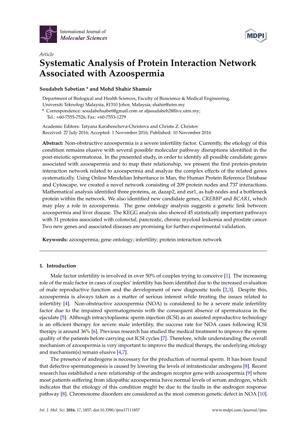 Systematic Analysis of Protein Interaction Network Associated with Azoospermia