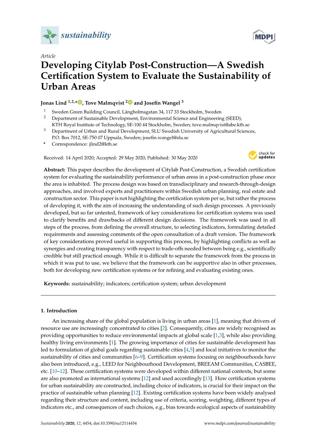 Developing Citylab Post-Construction—A Swedish Certification System To