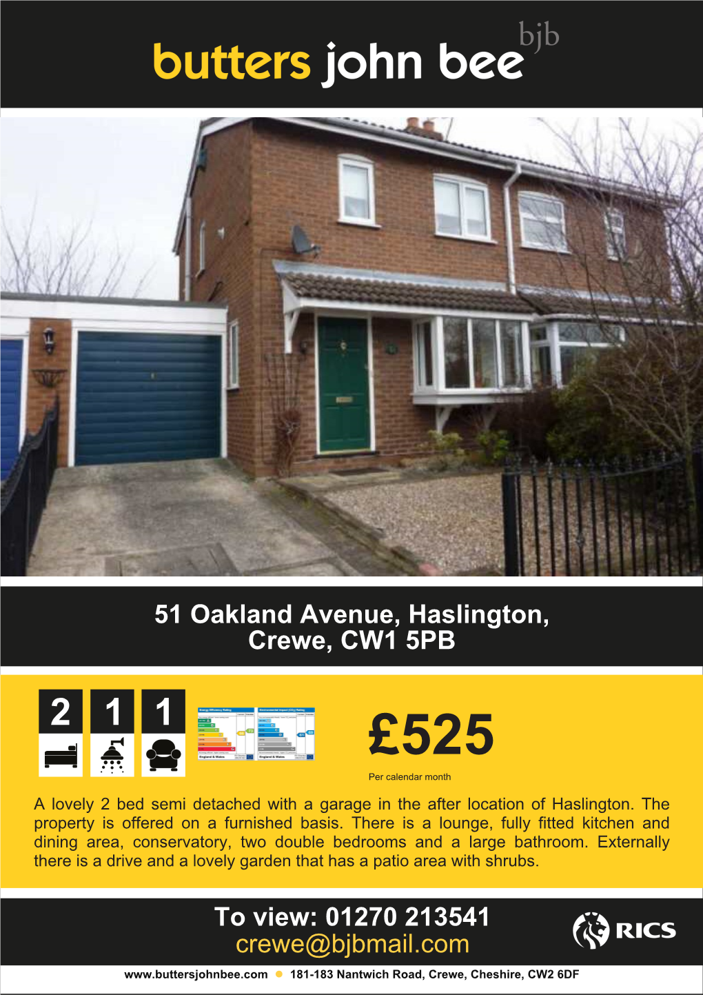 51 Oakland Avenue, Haslington, Crewe, CW1 5PB to View: 01270 213541 Crewe@Bjbmail.Com