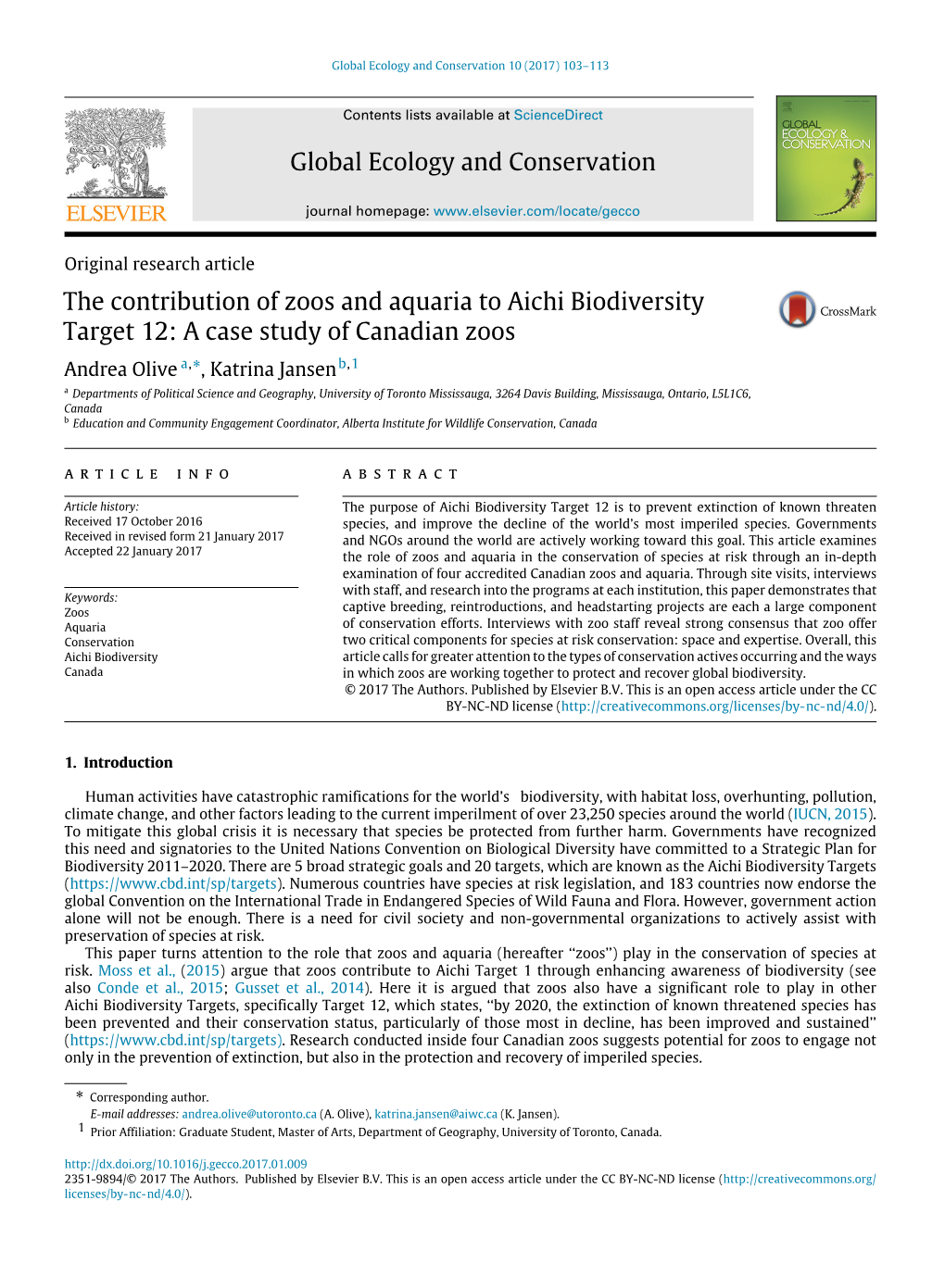 Global Ecology and Conservation the Contribution Of