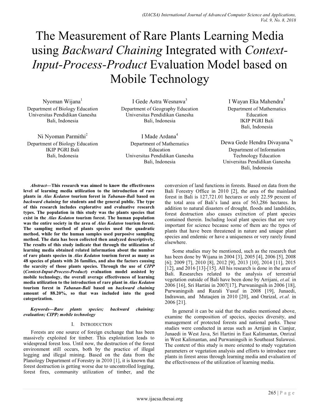 The Measurement of Rare Plants Learning Media Using Backward Chaining Integrated with Context- Input-Process-Product Evaluation Model Based on Mobile Technology