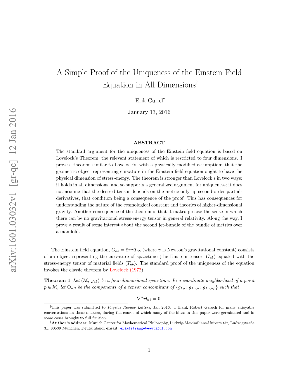 A Simple Proof of the Uniqueness of the Einstein Field Equation in All Dimensions†