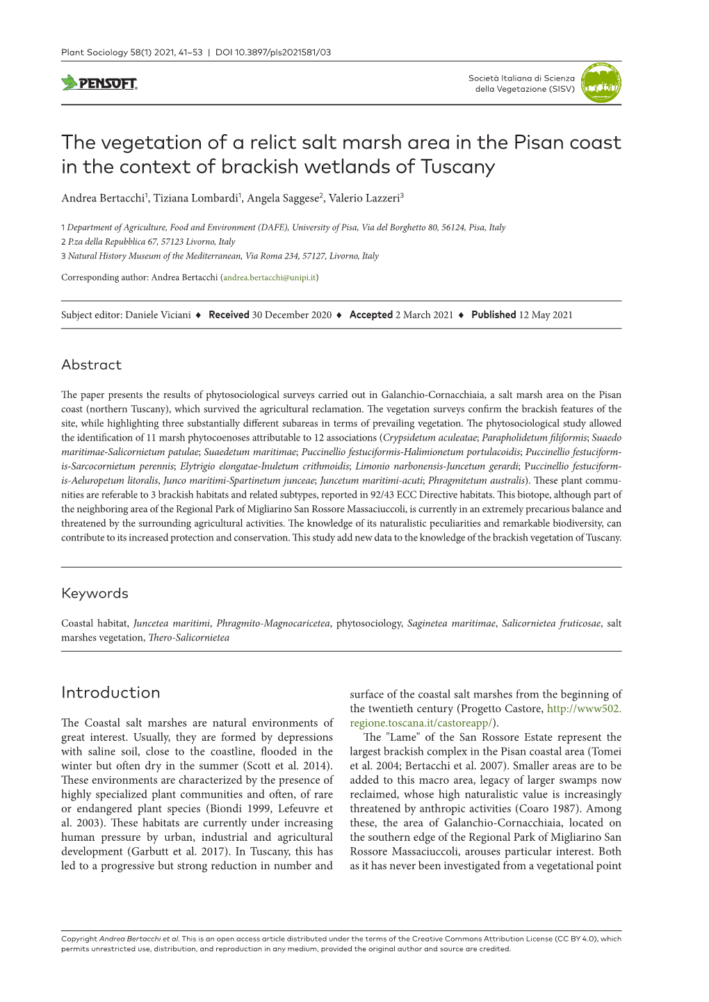 The Vegetation of a Relict Salt Marsh Area in the Pisan Coast in the Context of Brackish Wetlands of Tuscany