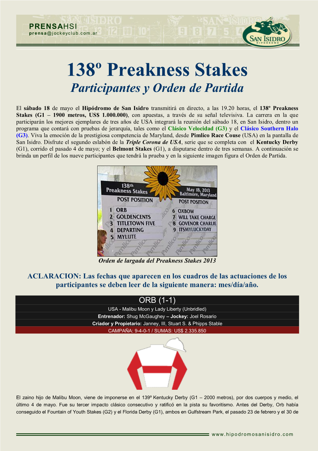 138º Preakness Stakes Participantes Y Orden De Partida