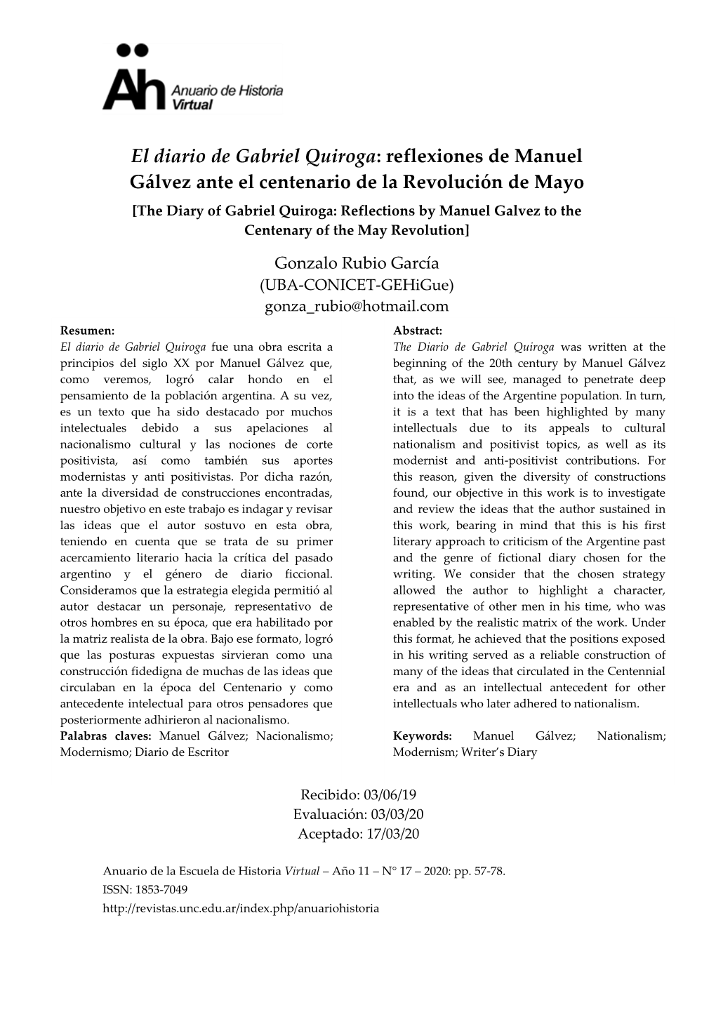 El Diario De Gabriel Quiroga: Reflexiones De Manuel Gálvez Ante El Centenario De La Revolución De Mayo