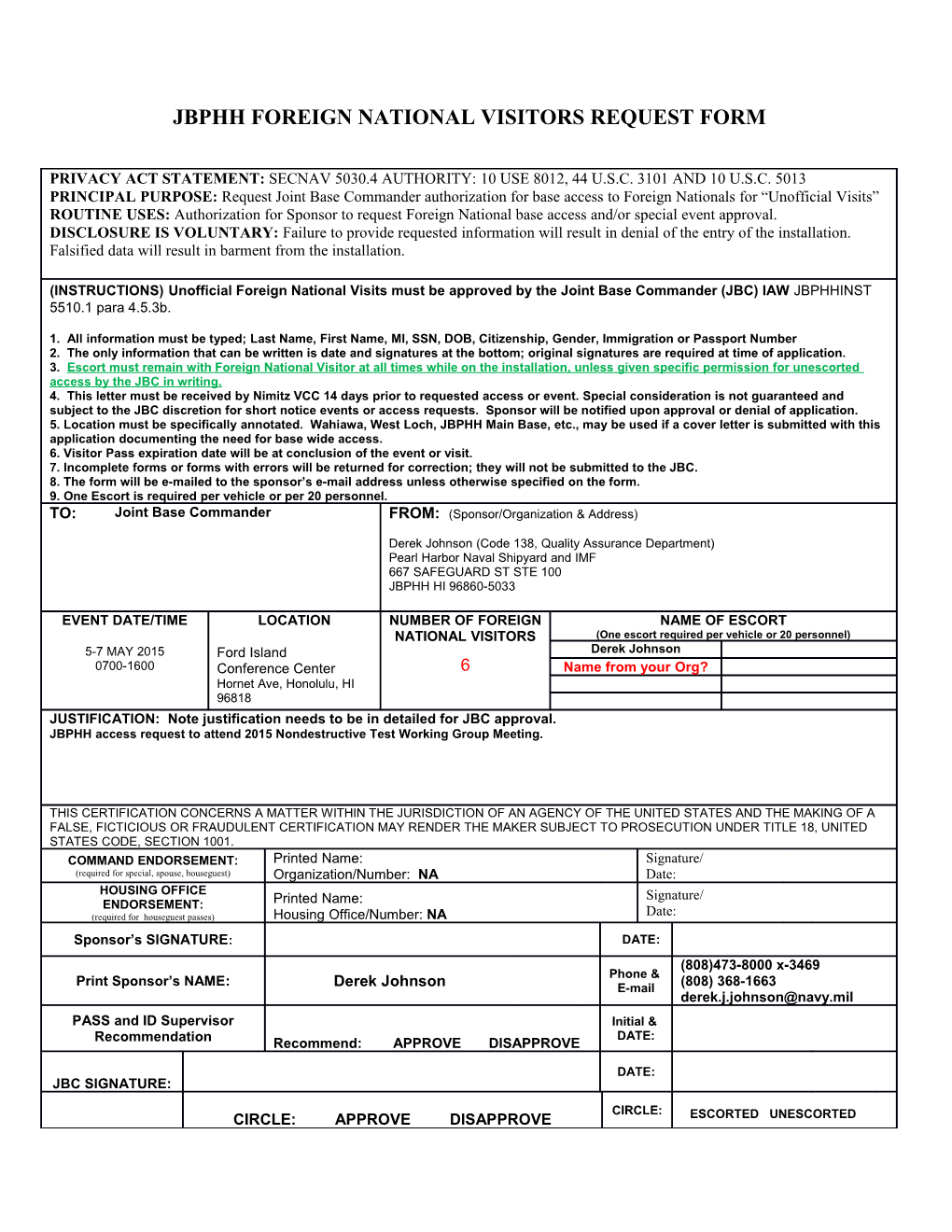 Jbphh Foreign National Visitors Request Form