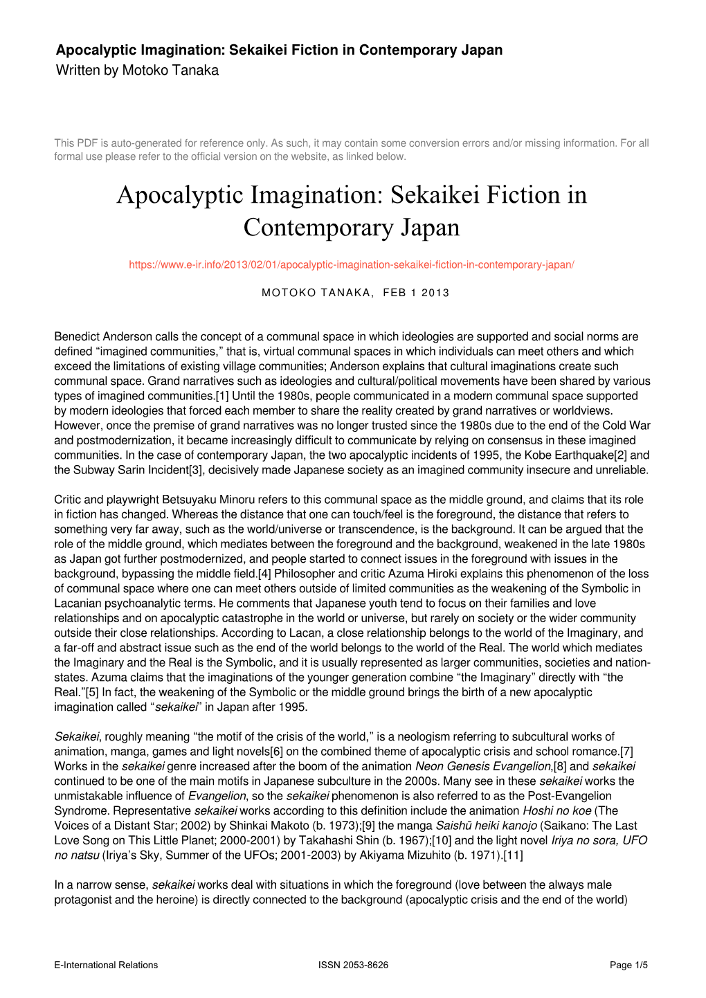 Apocalyptic Imagination: Sekaikei Fiction in Contemporary Japan Written by Motoko Tanaka