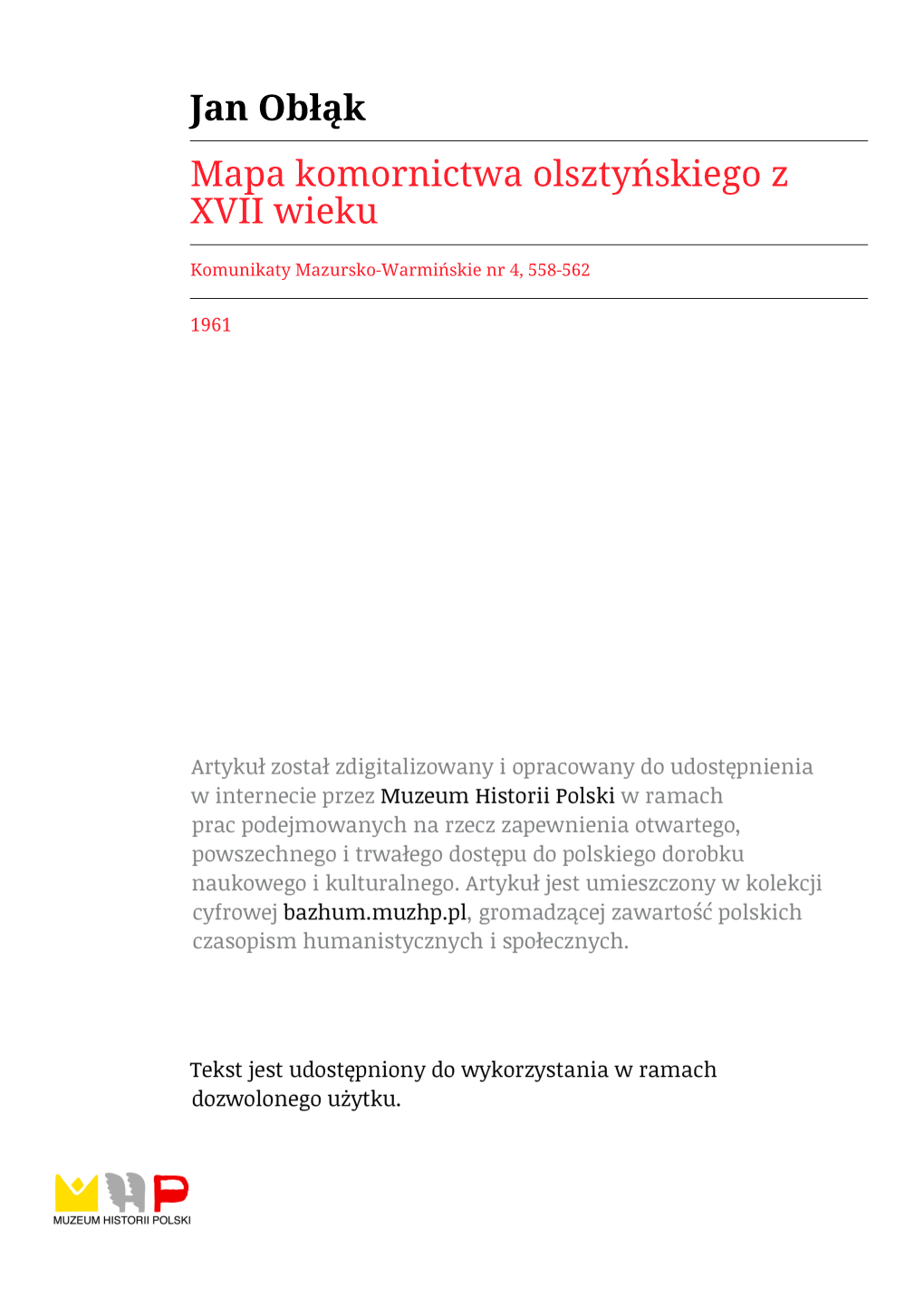 Jan Obłąk Mapa Komornictwa Olsztyńskiego Z XVII Wieku