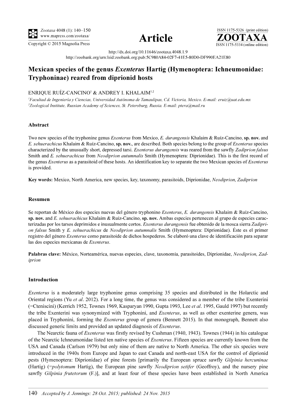 Mexican Species of the Genus Exenterus Hartig (Hymenoptera: Ichneumonidae: Tryphoninae) Reared from Diprionid Hosts