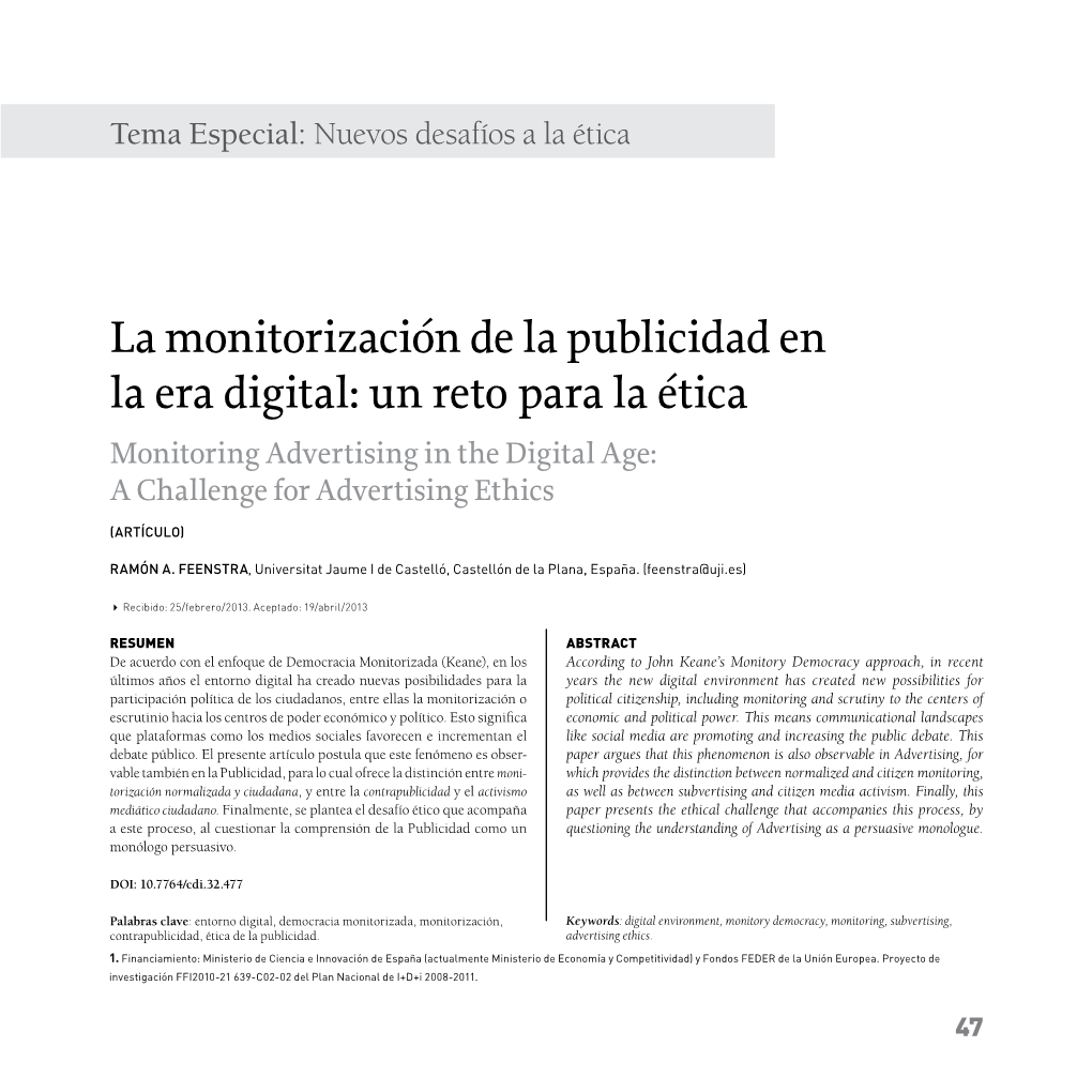 La Monitorización De La Publicidad En La Era Digital: Un Reto Para La Ética Monitoring Advertising in the Digital Age: a Challenge for Advertising Ethics