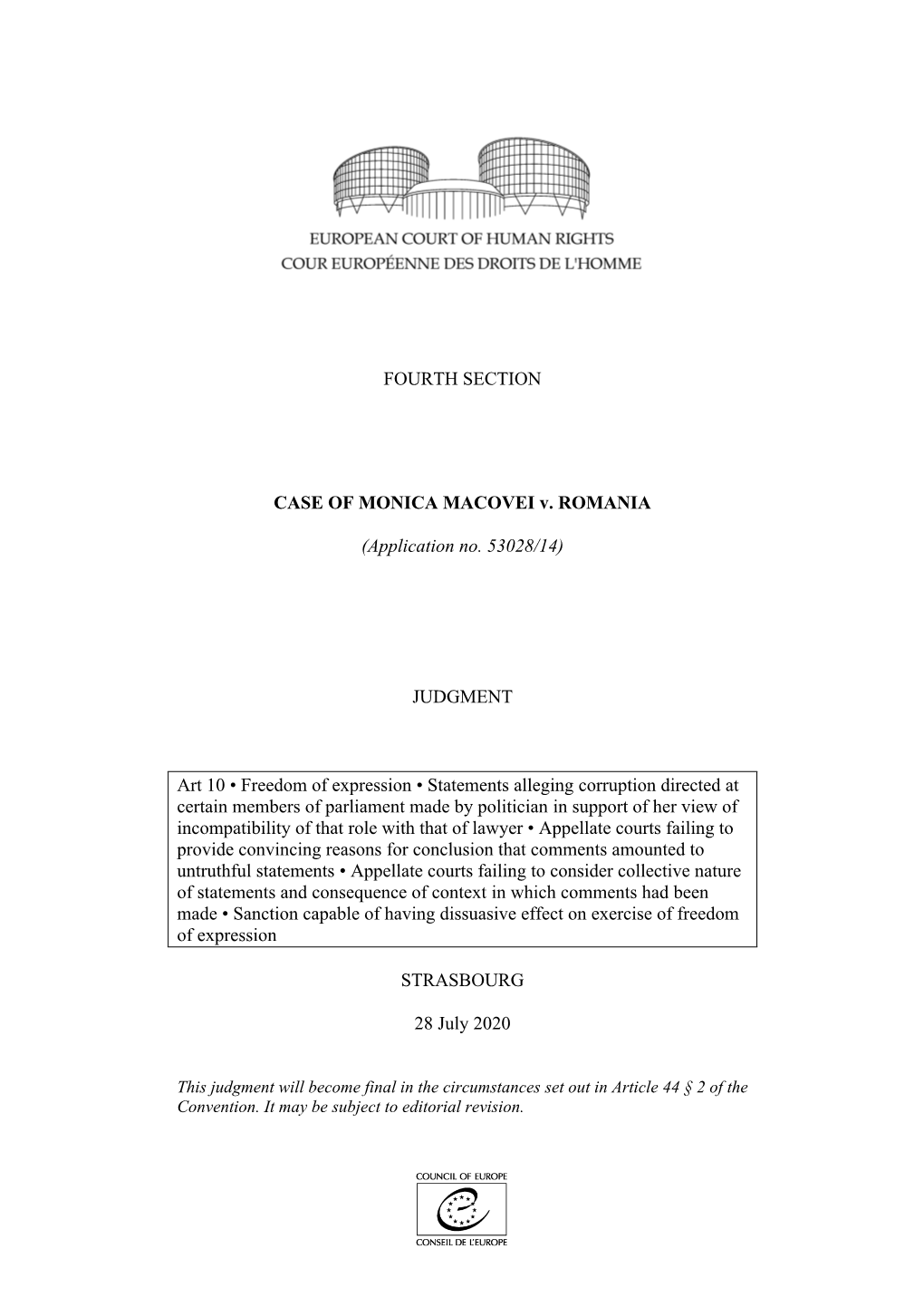 FOURTH SECTION CASE of MONICA MACOVEI V. ROMANIA