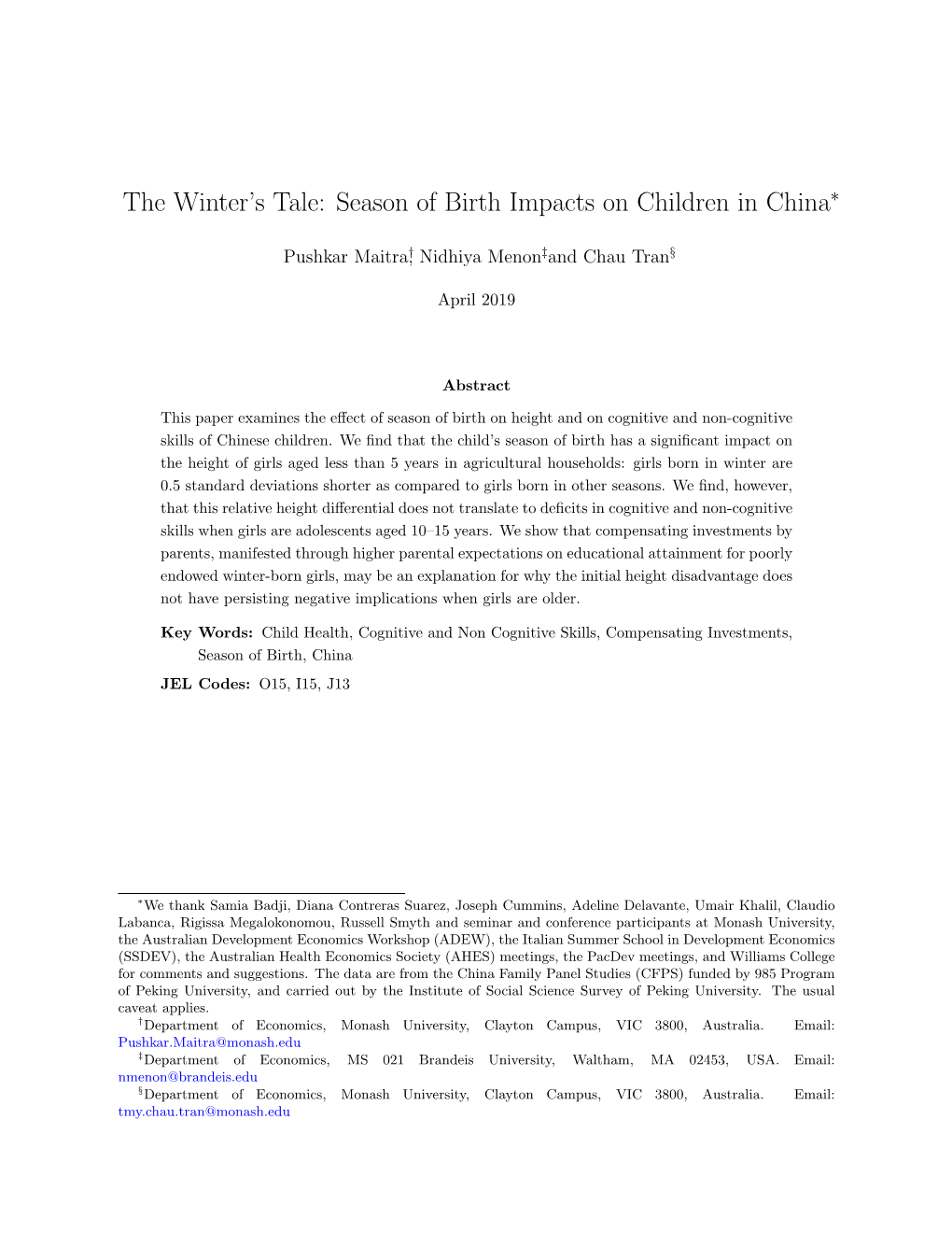 Season of Birth Impacts on Children in China∗