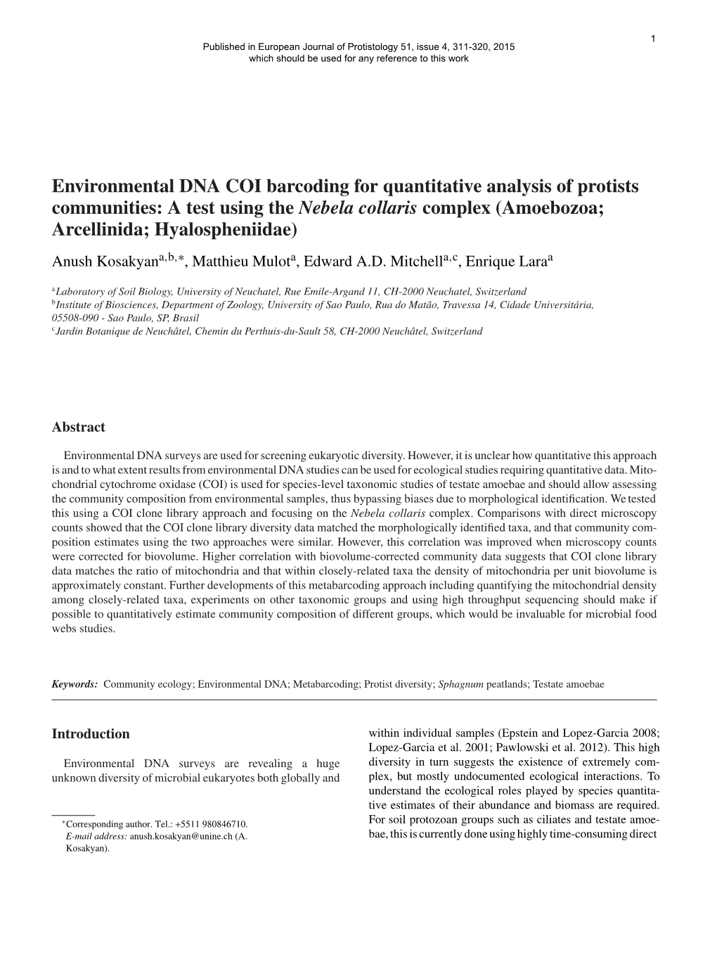 Environmental DNA COI Barcoding for Quantitative Analysis of Protists