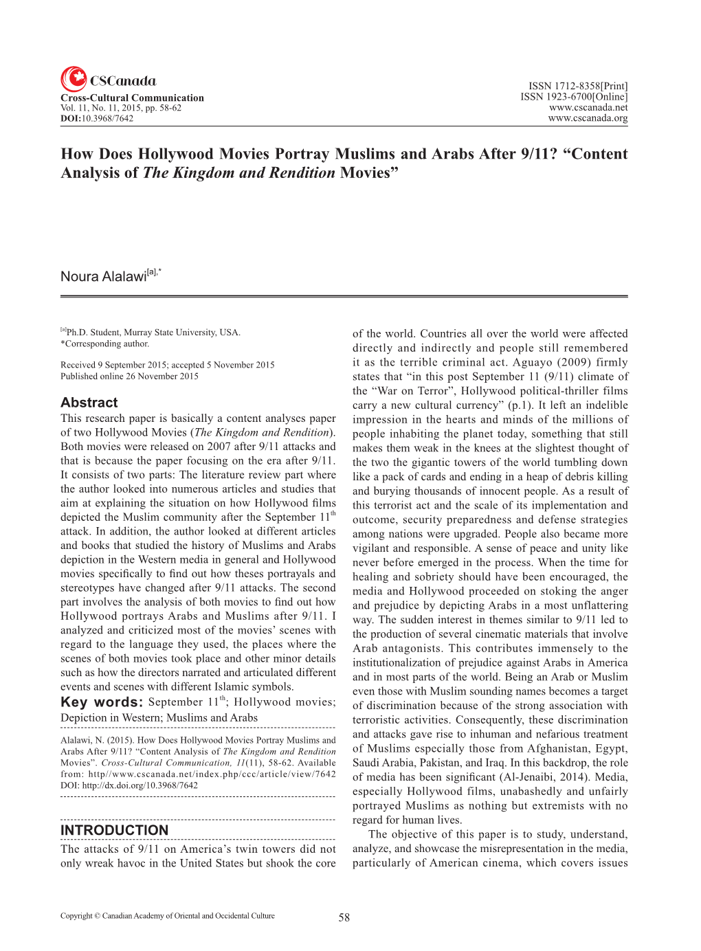 How Does Hollywood Movies Portray Muslims and Arabs After 9/11? “Content Analysis of the Kingdom and Rendition Movies”