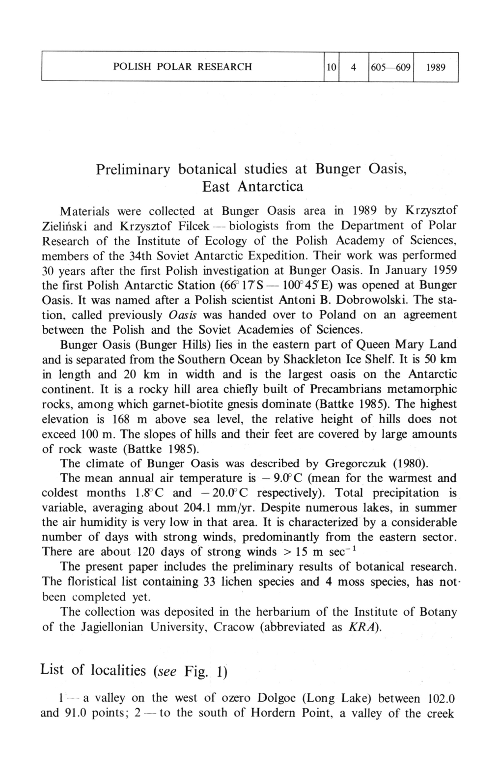 Preliminary Botanical Studies at Bunger Oasis, East Antarctica List of Localities