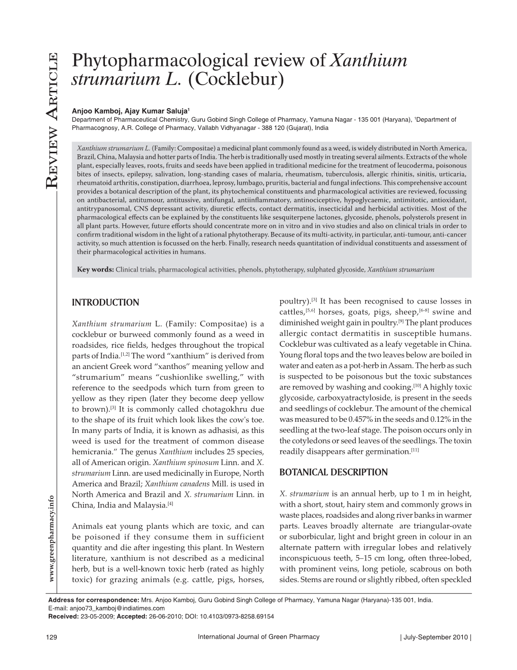 Phytopharmacological Review of Xanthium Strumarium L. (Cocklebur)