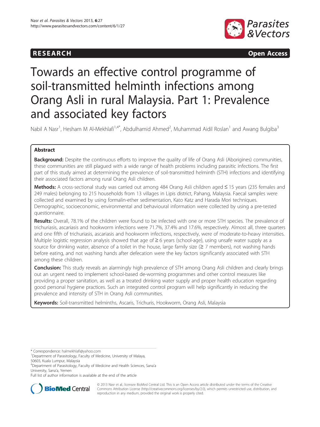Towards an Effective Control Programme of Soil-Transmitted Helminth Infections Among Orang Asli in Rural Malaysia. Part 1