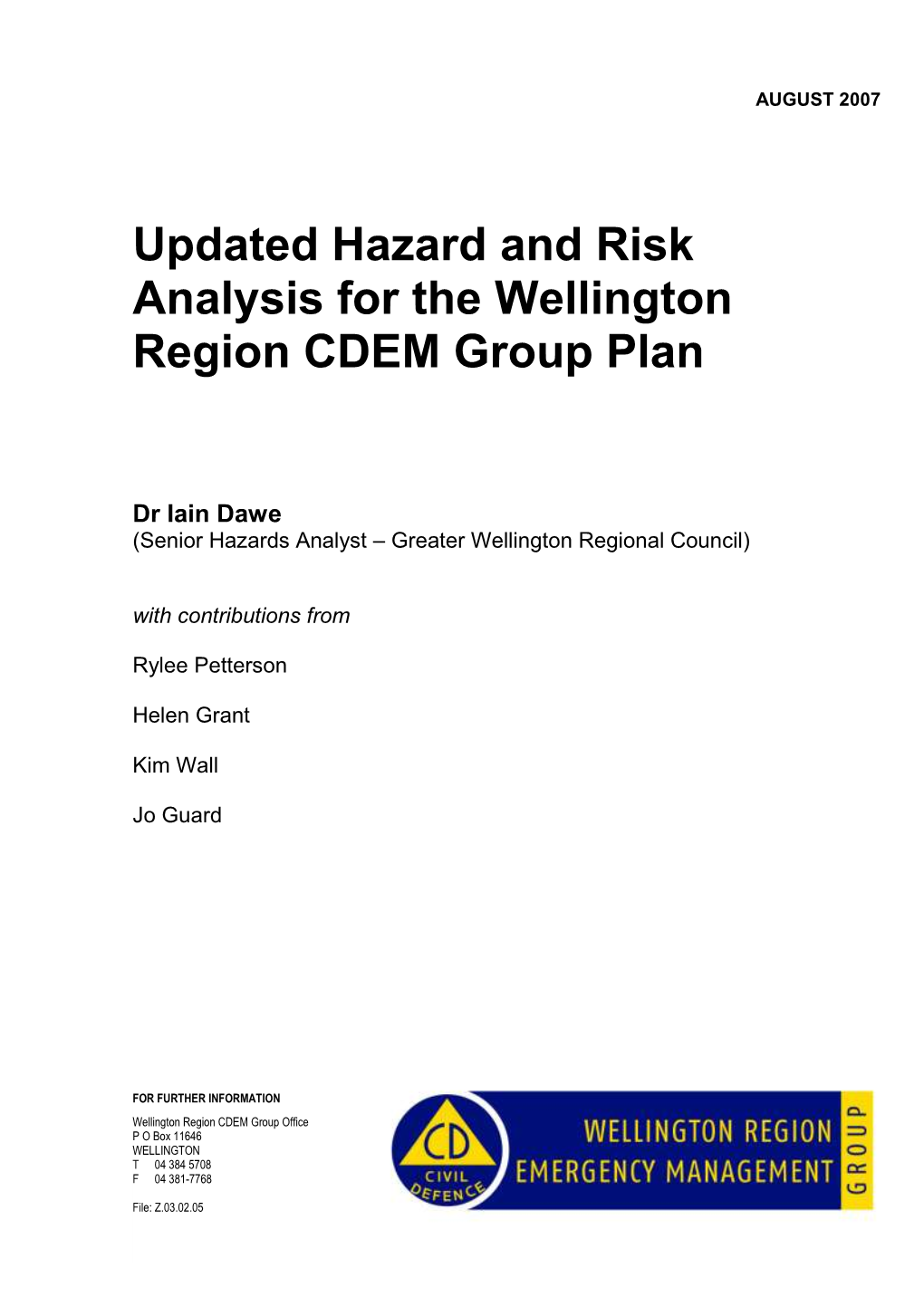 Updated Hazard and Risk Analysis for the Wellington Region CDEM Group Plan