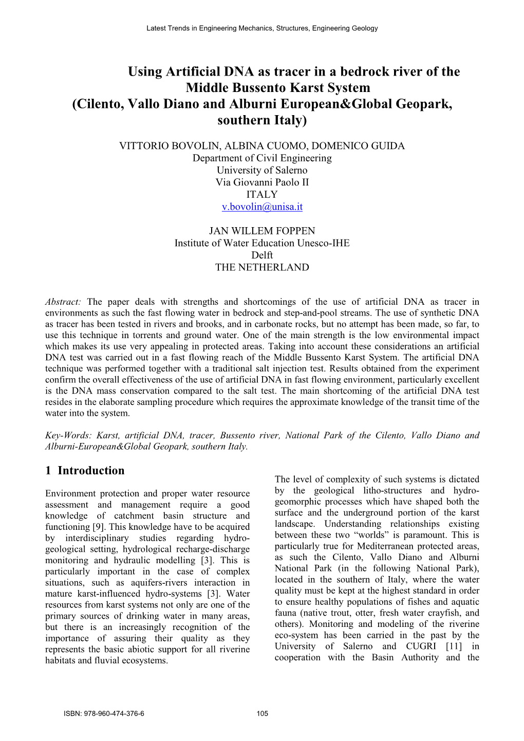 Using Artificial DNA As Tracer in a Bedrock River of the Middle Bussento Karst System (Cilento, Vallo Diano and Alburni European&Global Geopark, Southern Italy)