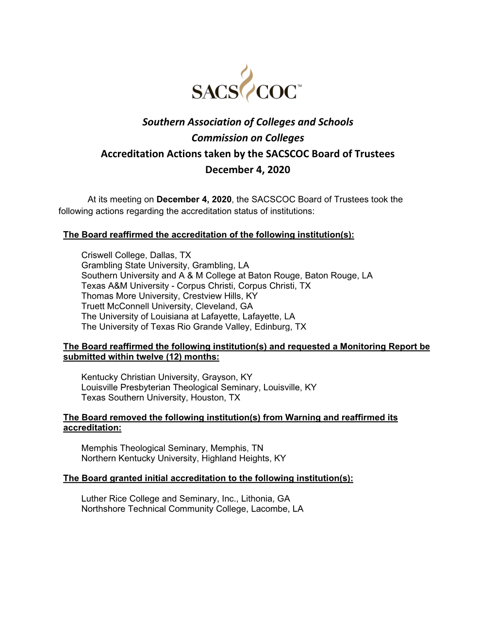 December 2020 Accreditation Actions