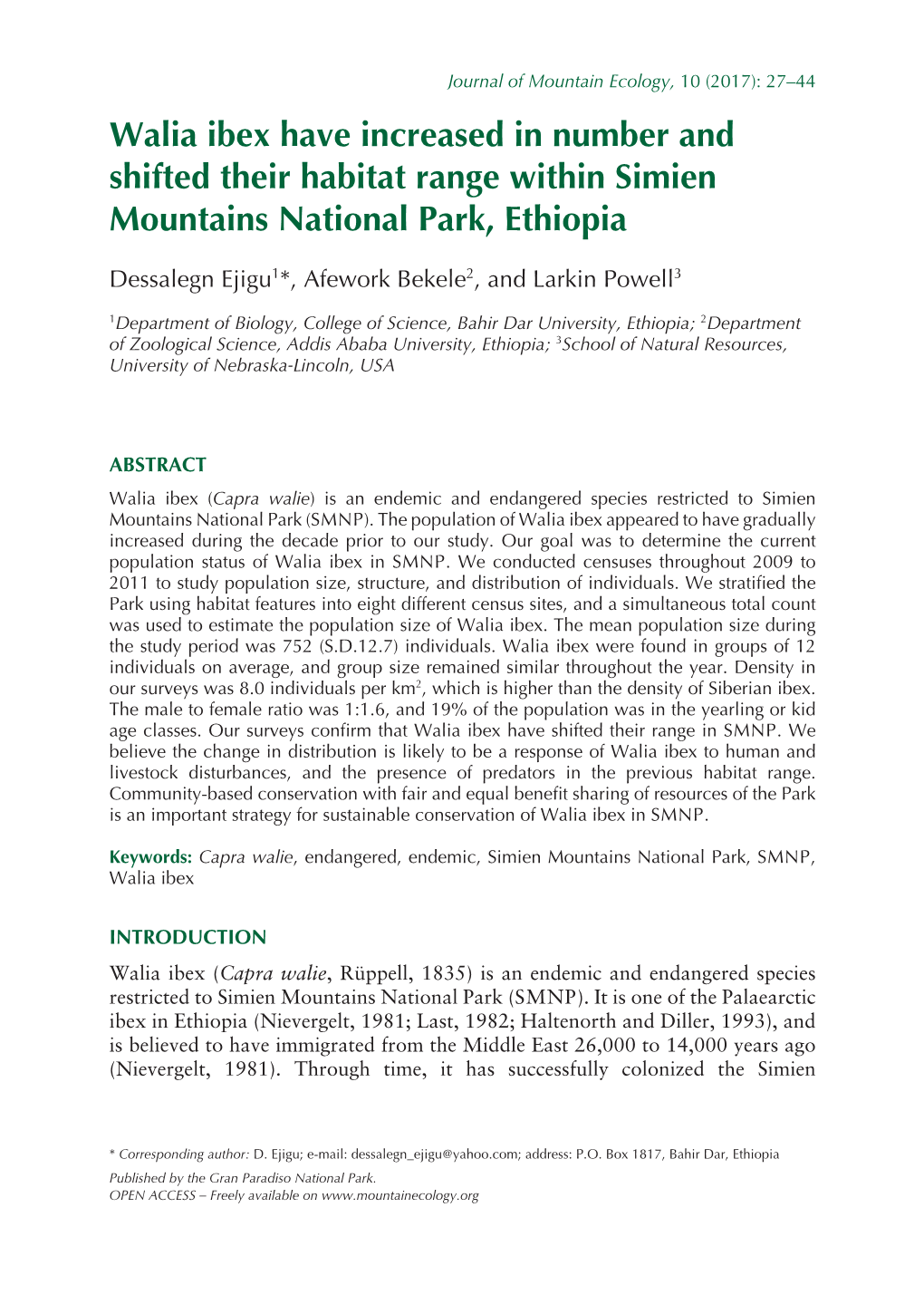 Walia Ibex Have Increased in Number and Shifted Their Habitat Range Within Simien Mountains National Park, Ethiopia