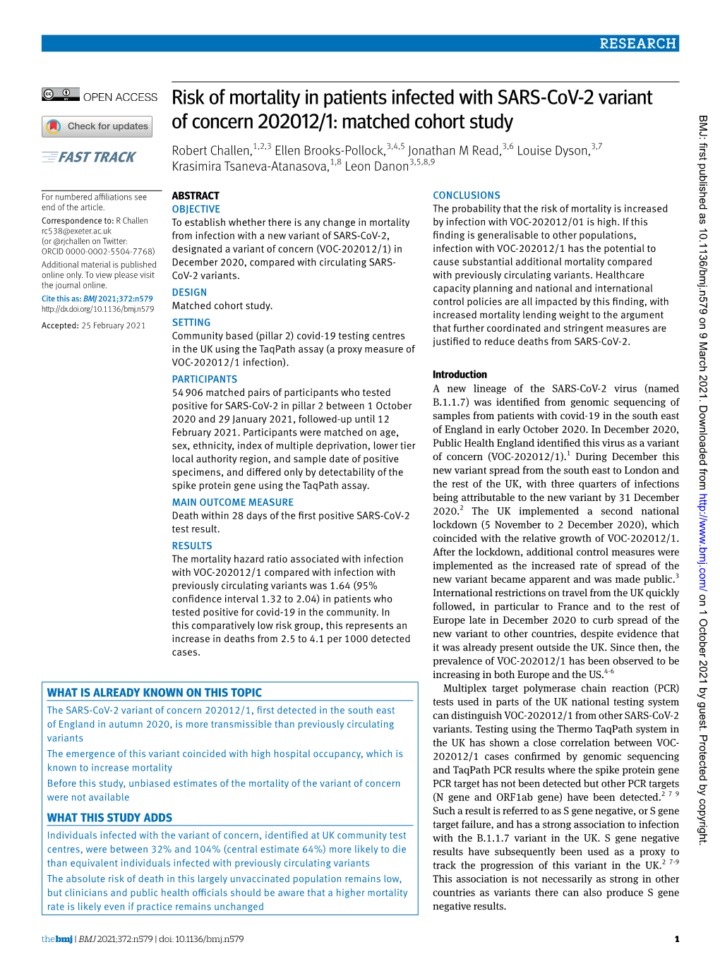 Risk of Mortality in Patients Infected with SARS-Cov-2 Variant of Concern 202012/1: Matched Cohort Study BMJ: First Published As 10.1136/Bmj.N579 on 9 March 2021