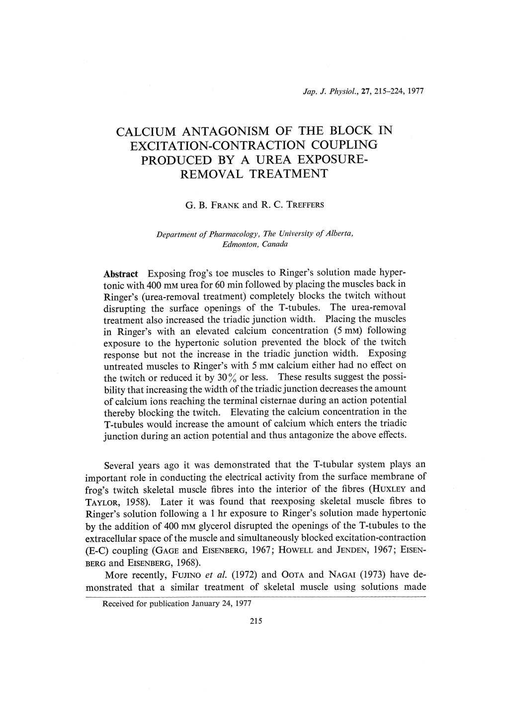 Calcium Antagonism of the Block in Excitation-Contraction Coupling Produced by a Urea Exposure- Removal Treatment