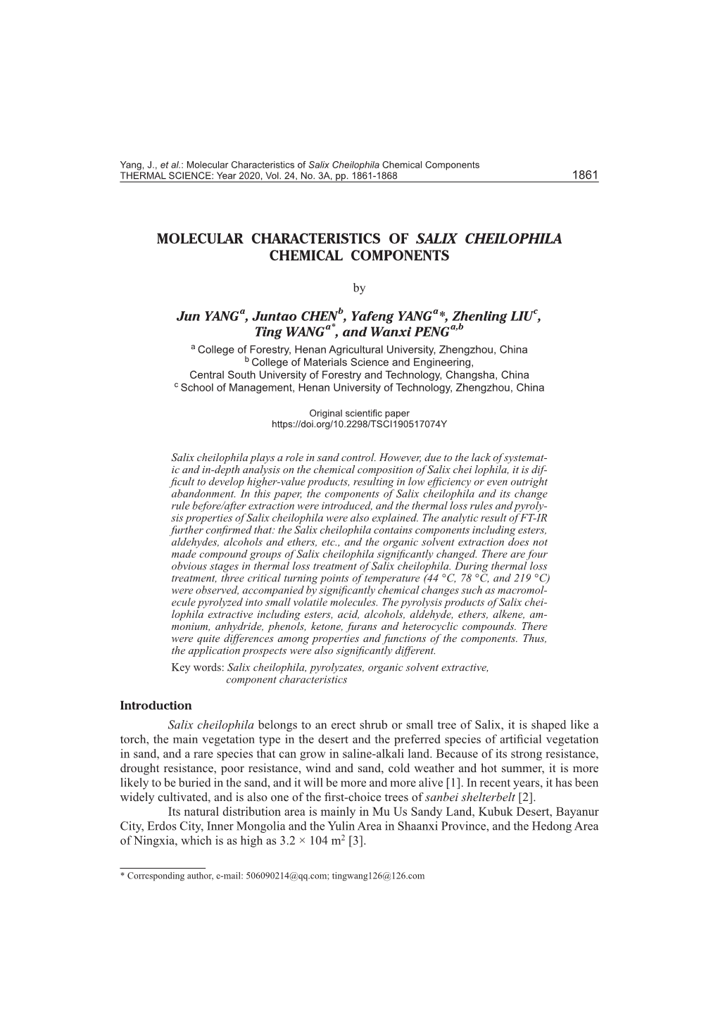 Molecular Characteristics of Salix Cheilophila Chemical Components THERMAL SCIENCE: Year 2020, Vol