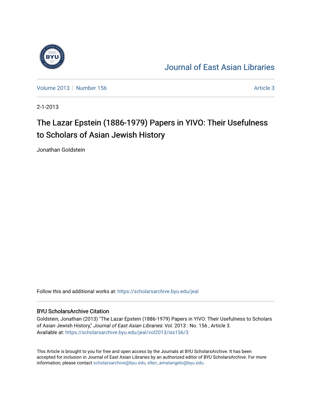 The Lazar Epstein (1886-1979) Papers in YIVO: Their Usefulness to Scholars of Asian Jewish History