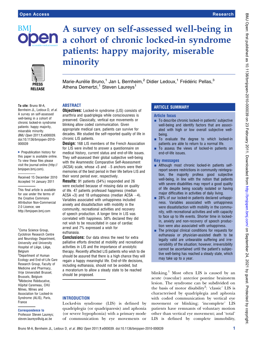 A Survey on Self-Assessed Well-Being in a Cohort of Chronic Locked-In Syndrome Patients: Happy Majority, Miserable Minority