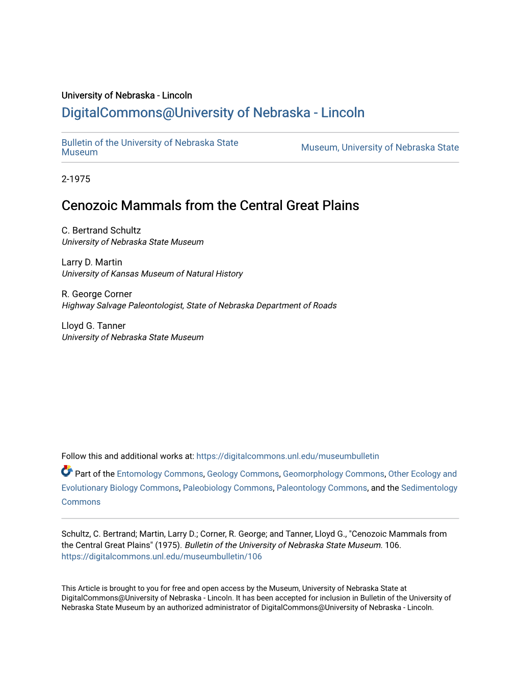 Cenozoic Mammals from the Central Great Plains