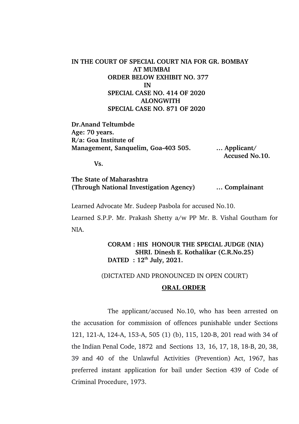 In the Court of Special Court Nia for Gr. Bombay at Mumbai Order Below Exhibit No