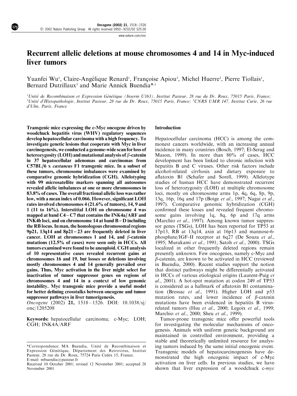 Recurrent Allelic Deletions at Mouse Chromosomes 4 and 14 in Myc-Induced Liver Tumors