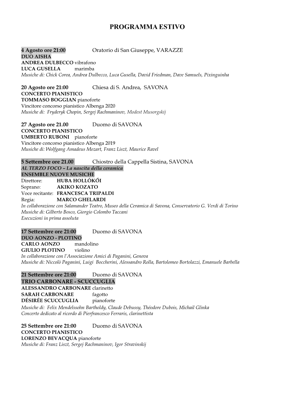 Programma Festival Internazionale Musica Savona