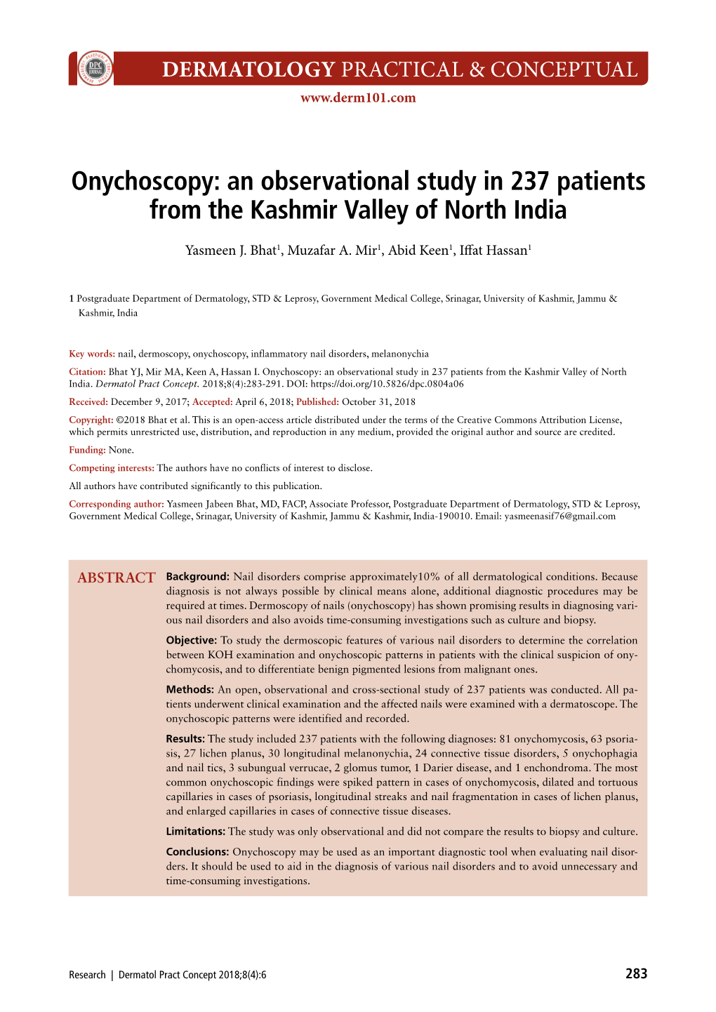 Onychoscopy: an Observational Study in 237 Patients from the Kashmir Valley of North India