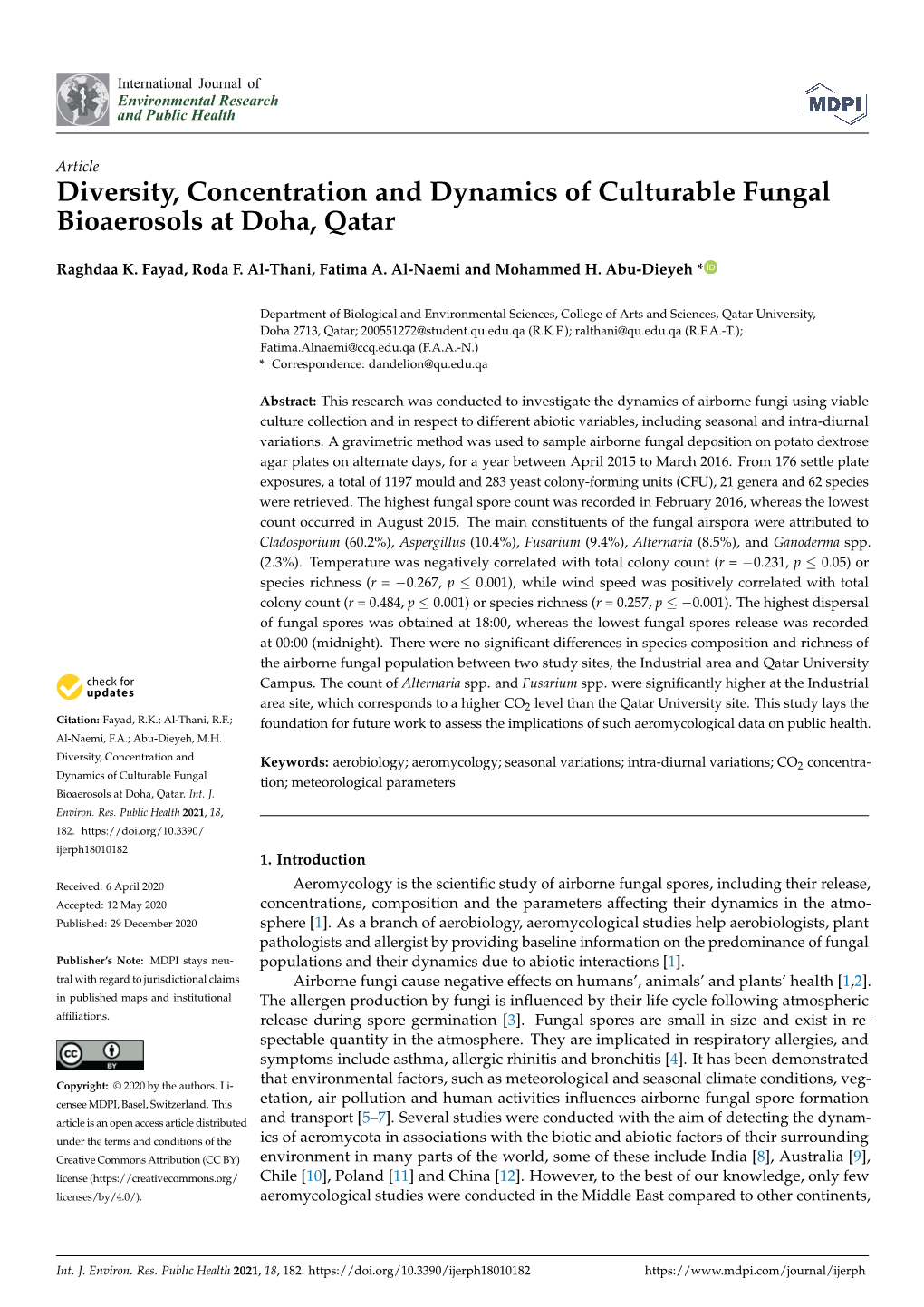 Diversity, Concentration and Dynamics of Culturable Fungal Bioaerosols at Doha, Qatar