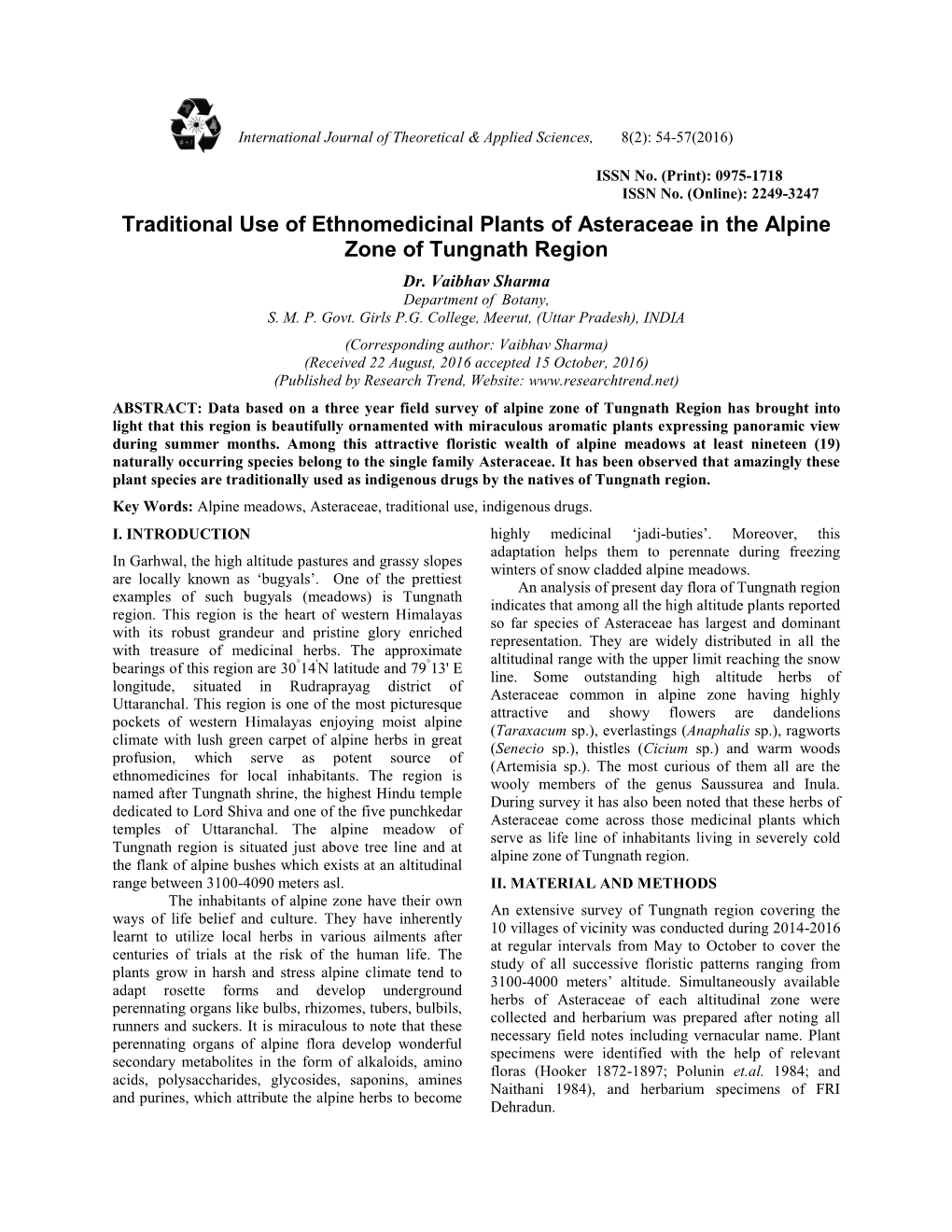 Traditional Use of Ethnomedicinal Plants of Asteraceae in the Alpine Zone of Tungnath Region Dr