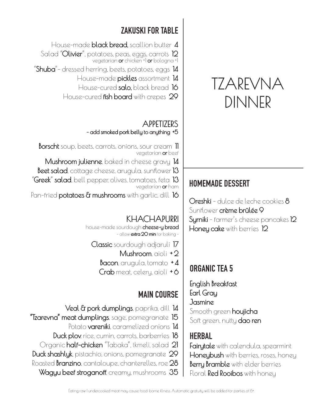 Dinner Menu 5Pm-10Pm