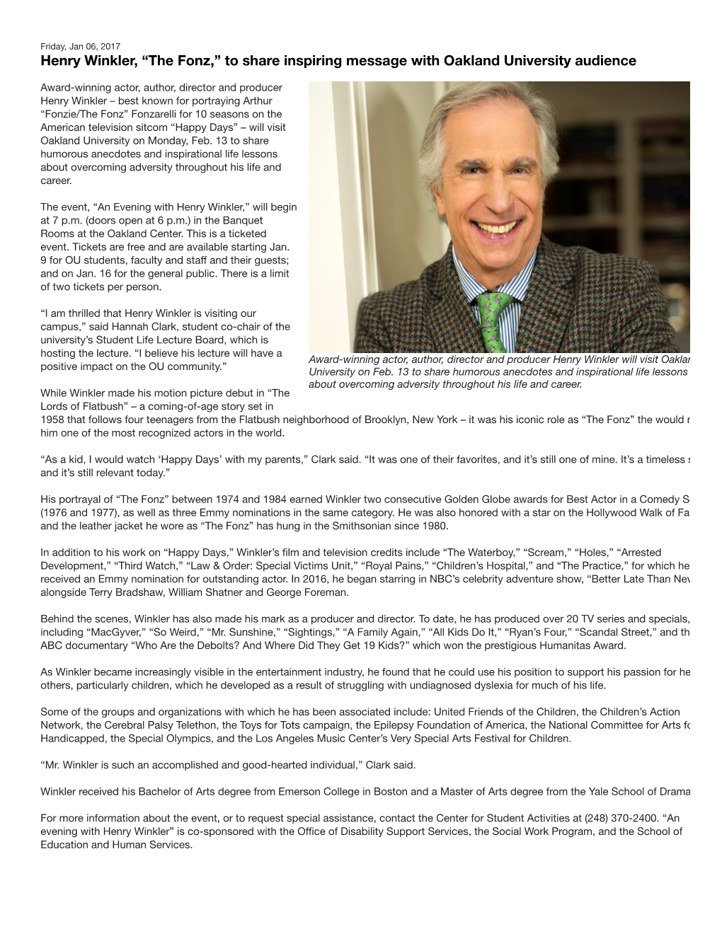 Henry Winkler, “The Fonz,” to Share Inspiring Message with Oakland University Audience