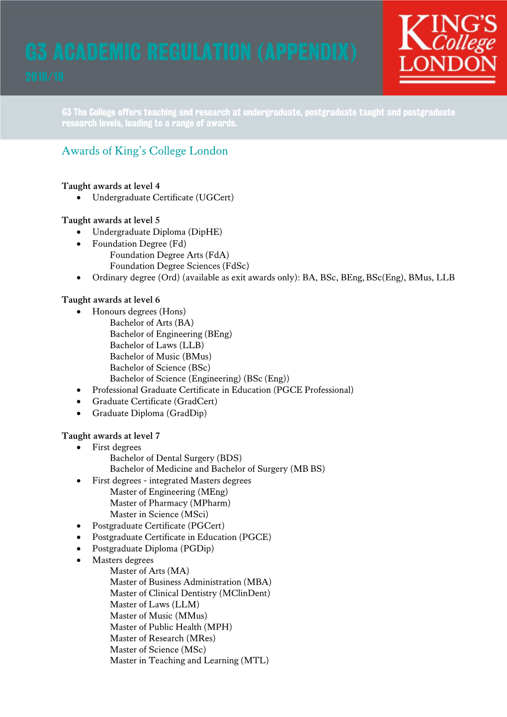 G3 Academic Regulation (Appendix) 2018/19