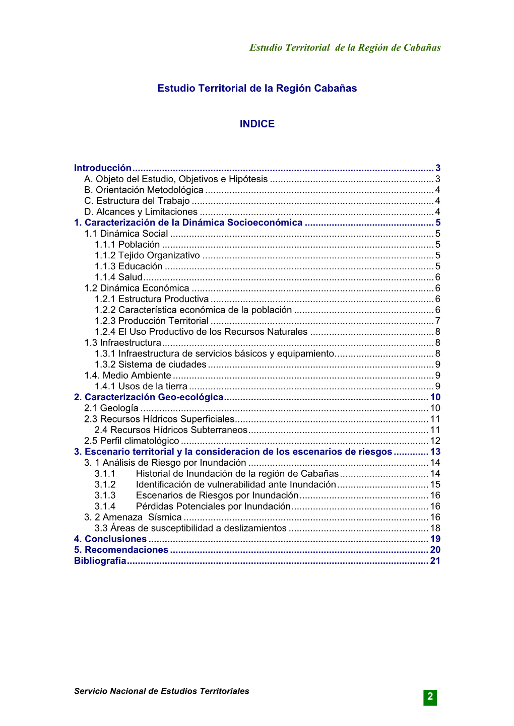 Estudio Territorial De La Región Cabañas INDICE