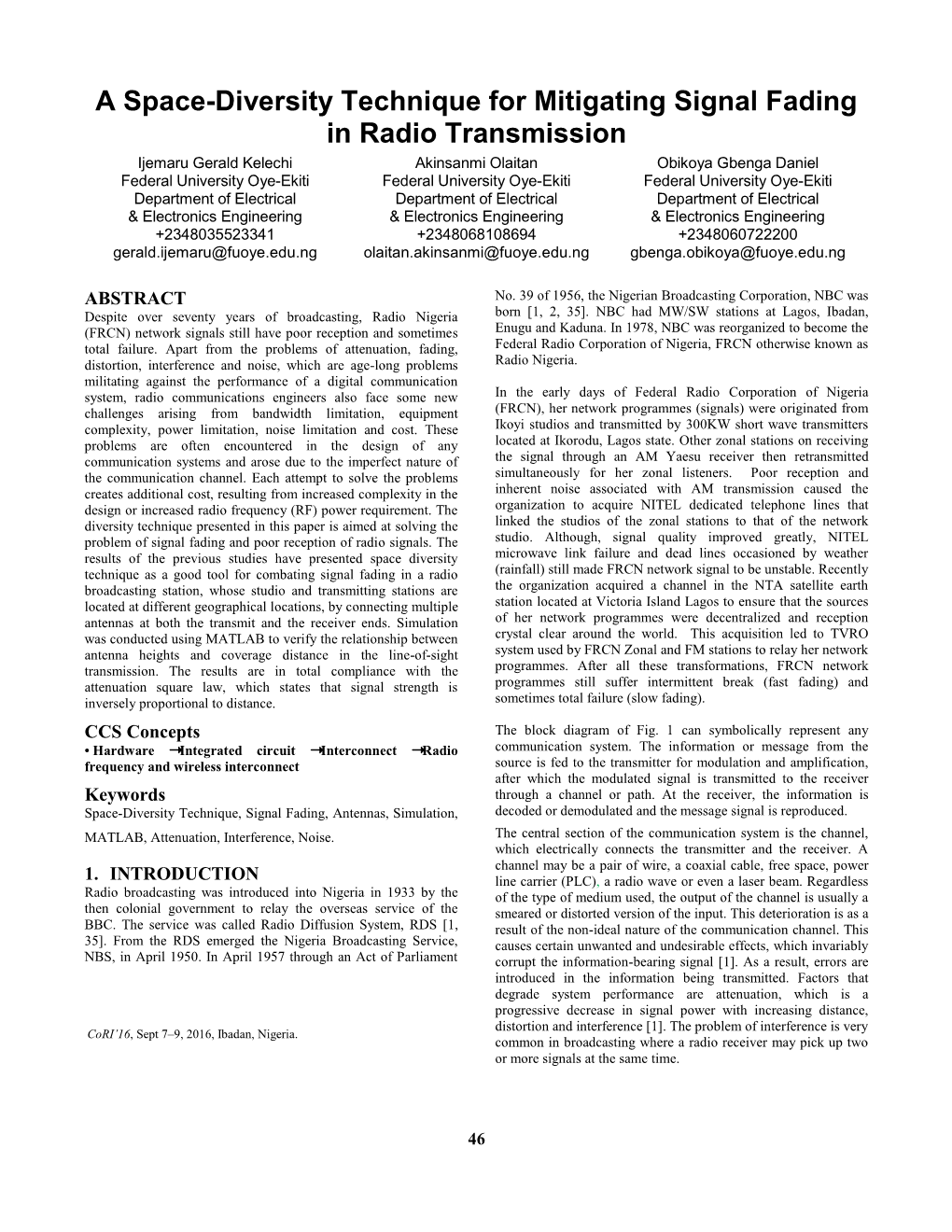 A Space-Diversity Technique for Mitigating Signal Fading in Radio