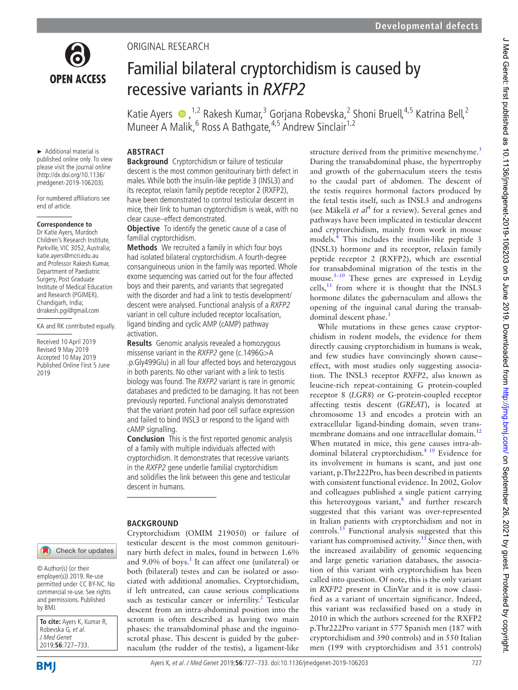 Familial Bilateral Cryptorchidism Is