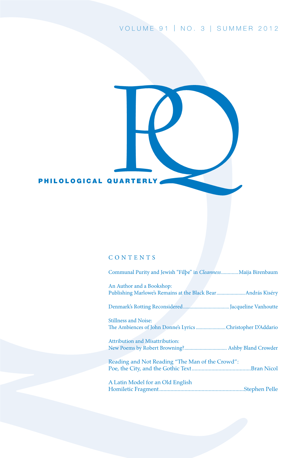 Summer 2012 Philological Quarterly Contents