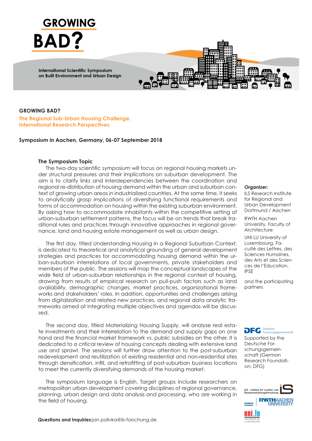 GROWING BAD? the Regional Sub-Urban Housing Challenge. International Research Perspectives Symposium in Aachen, Germany, 06-07