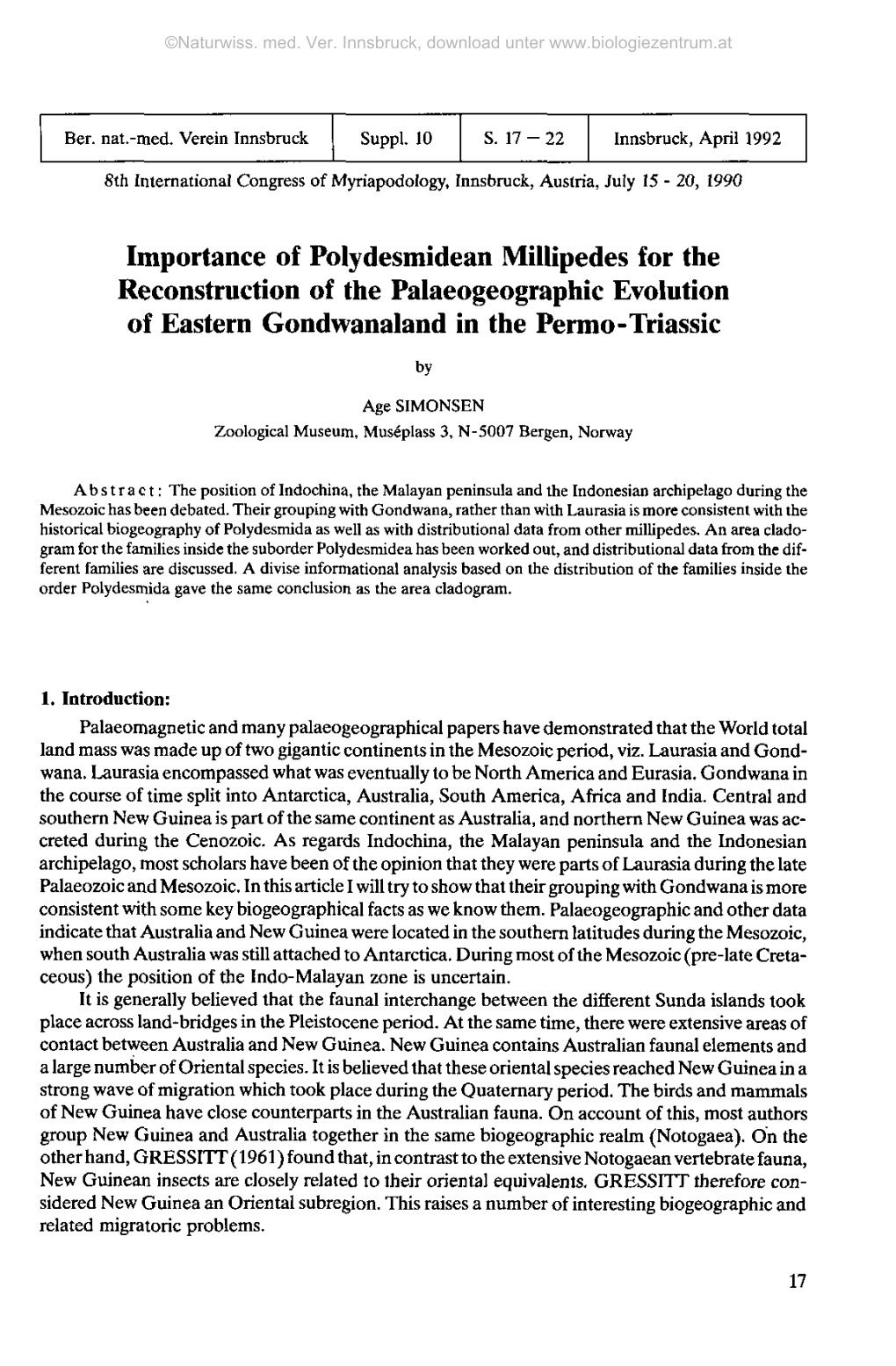 Importance of Polydesmidean Millipedes for the Reconstruction of the Palaeogeographic Evolution of Eastern Gondwanaland in the Pernio -Triassic