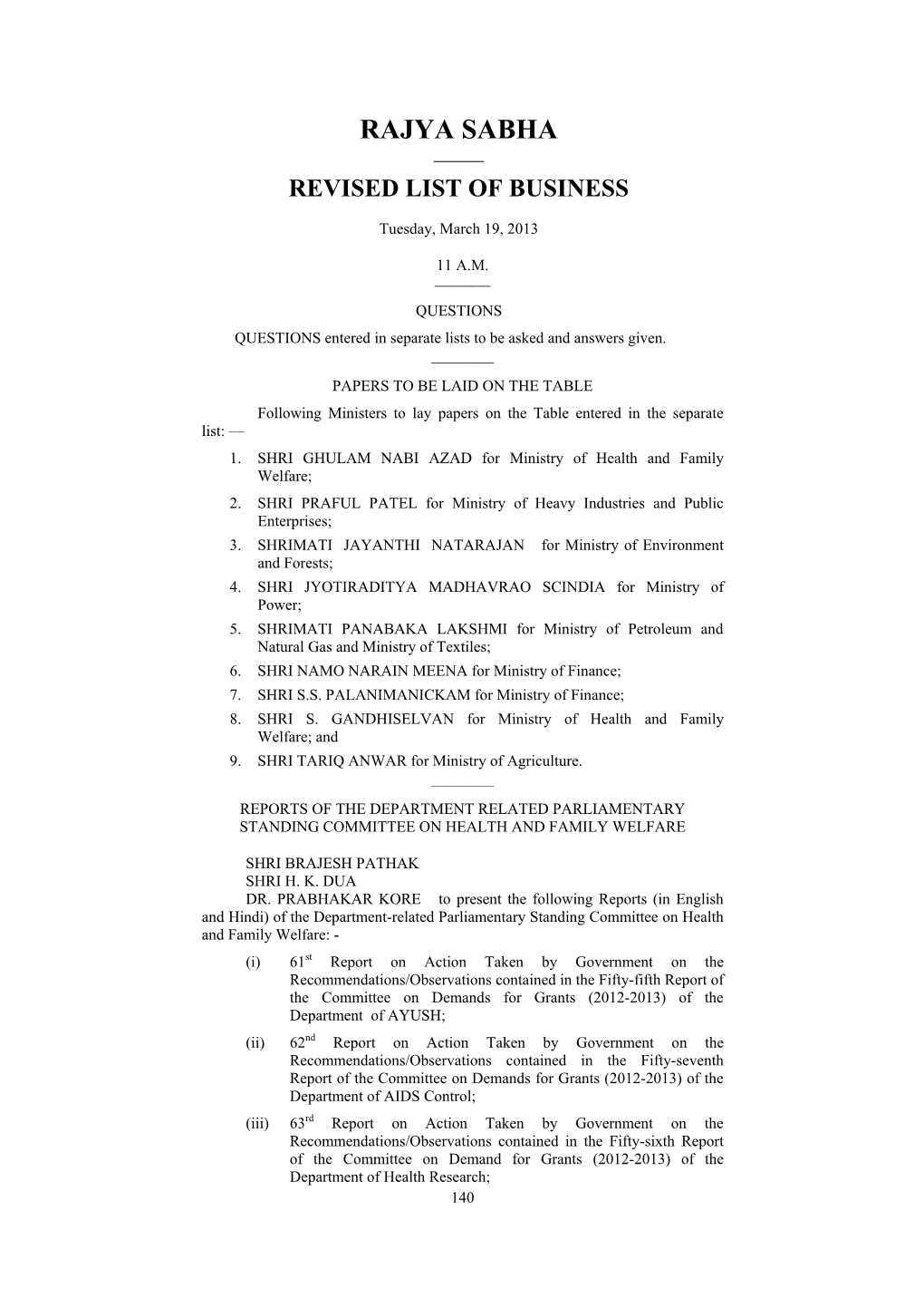 Rajya Sabha —— Revised List of Business