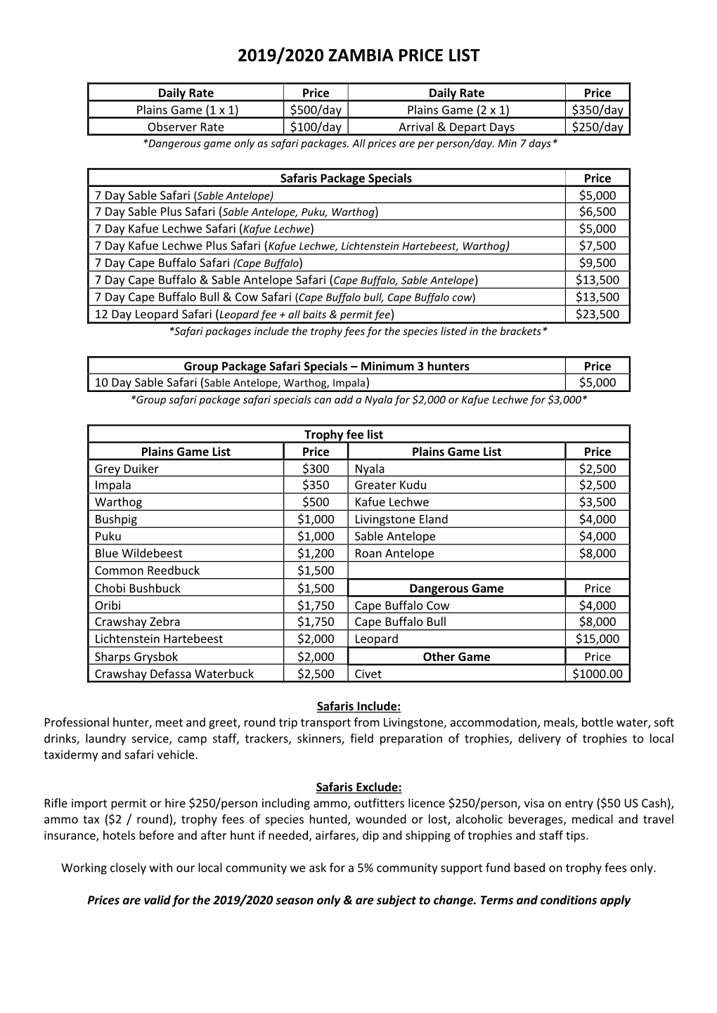 2019/2020 Zambia Price List