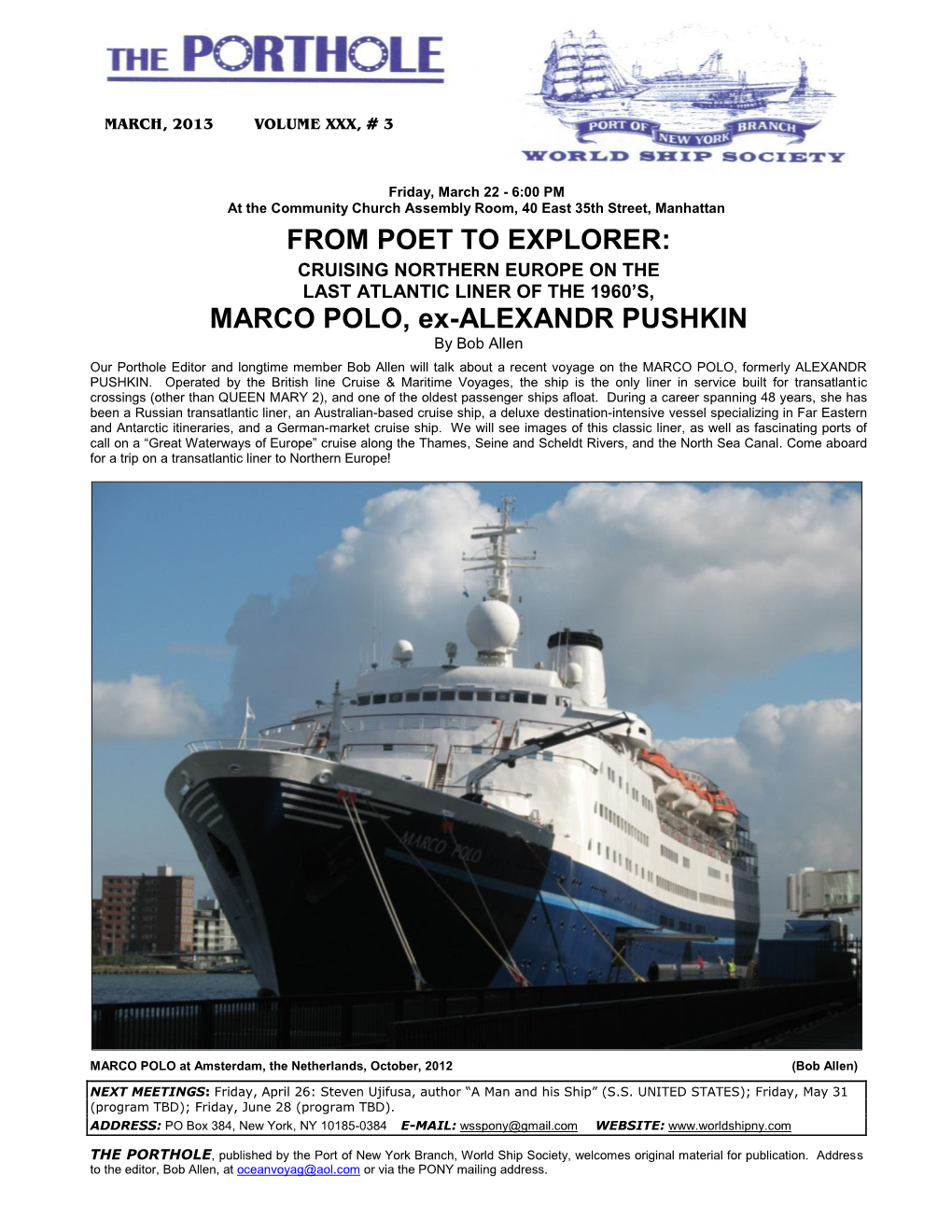 FROM POET to EXPLORER: MARCO POLO, Ex-ALEXANDR PUSHKIN