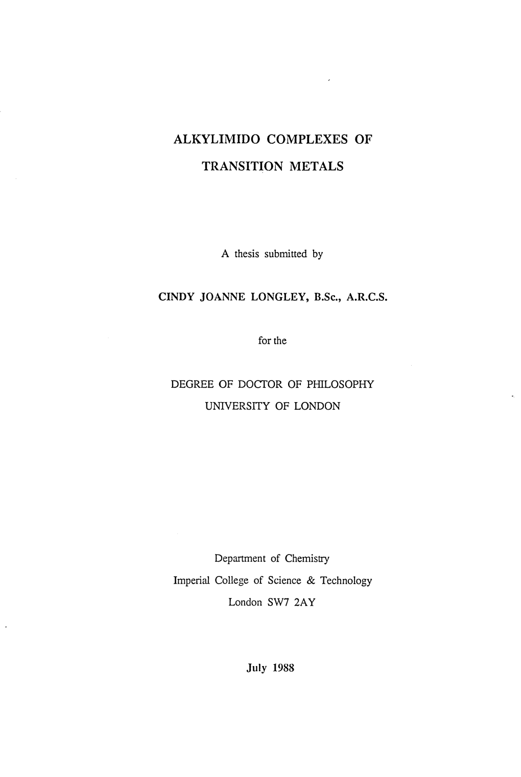 Alkylimido Complexes of Transition Metals